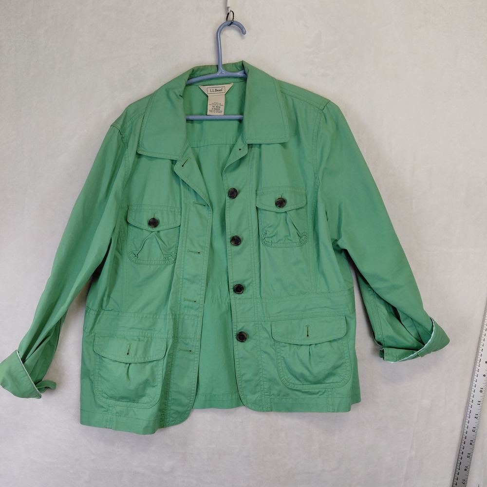 LL Bean Womens Green Cotton Field Jacket Safari Utility Coat Size 14 Regular
